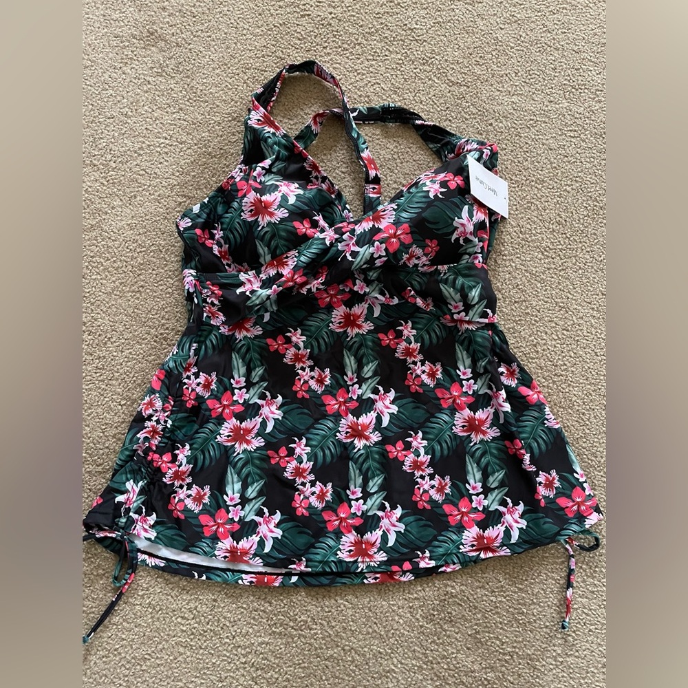 XL Floral Swim Top w/ Tropical Print pink green black New